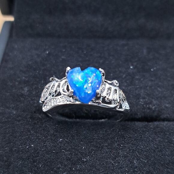Blue Heart Simulated Opal Silver Fashion Ring, Size 7 - Picture 2 of 4